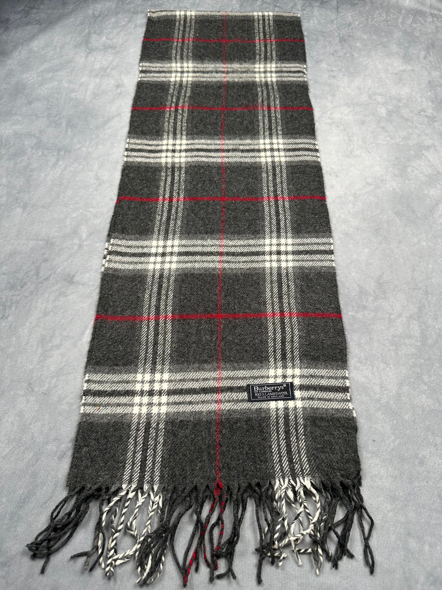 Burberry Vintage Schal | Karo-Muster | 100% Lammwolle | Dunkelgrau