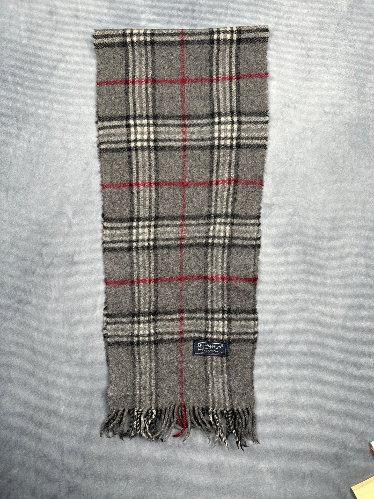 Burberry Vintage Schal | Made in England | Karo-Muster | 100% Lammwolle | Grau
