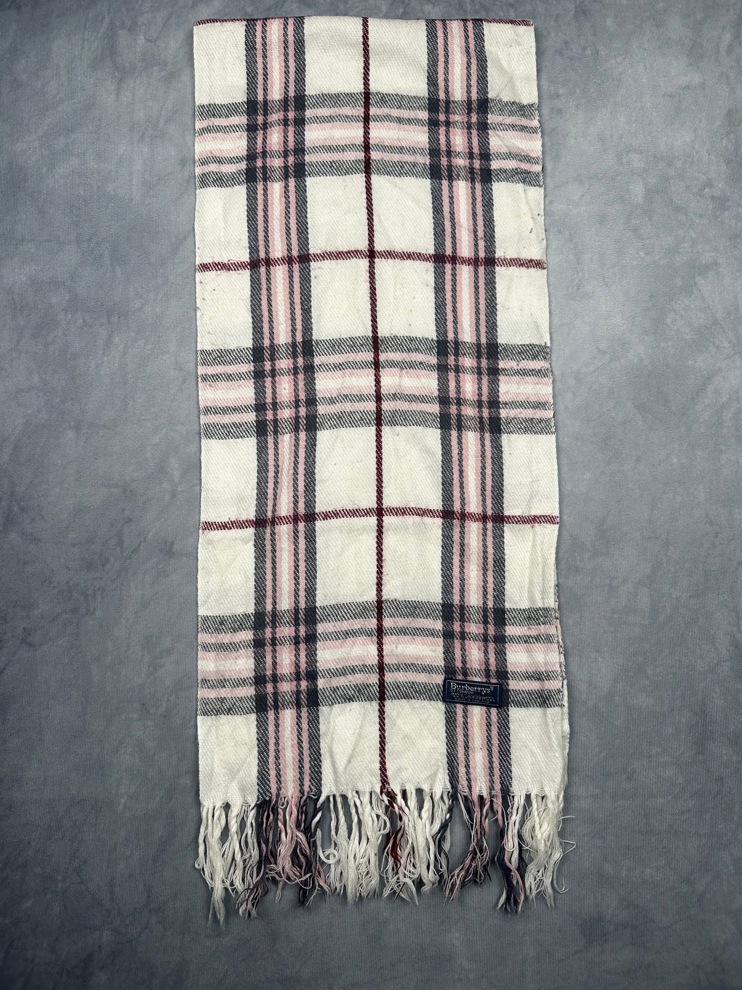 Burberry Vintage Schal | Made in England | Karo-Muster | 100% Lammwolle | Weiß