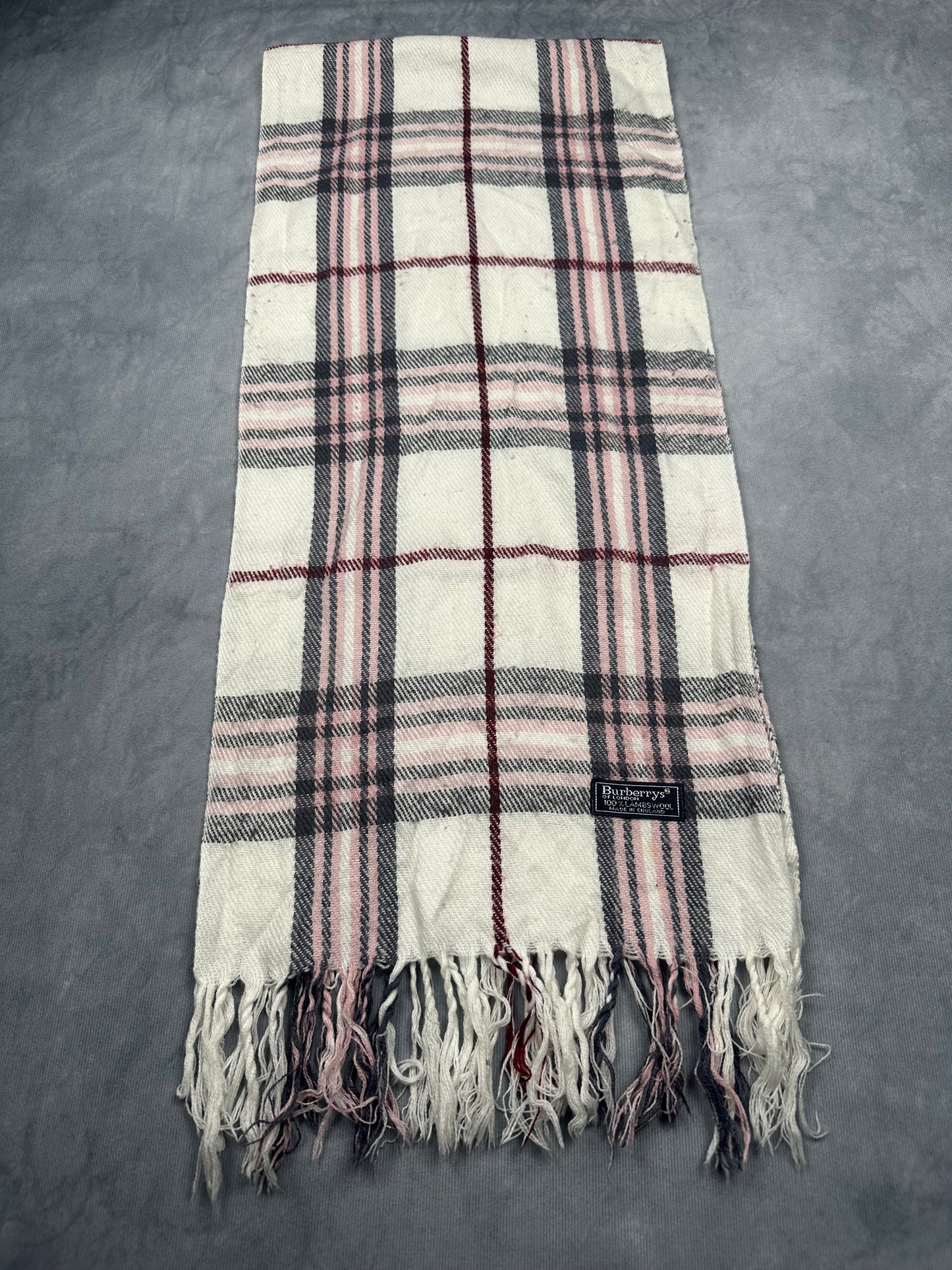 Burberry Vintage Schal | Made in England | Karo-Muster | 100% Lammwolle | Weiß