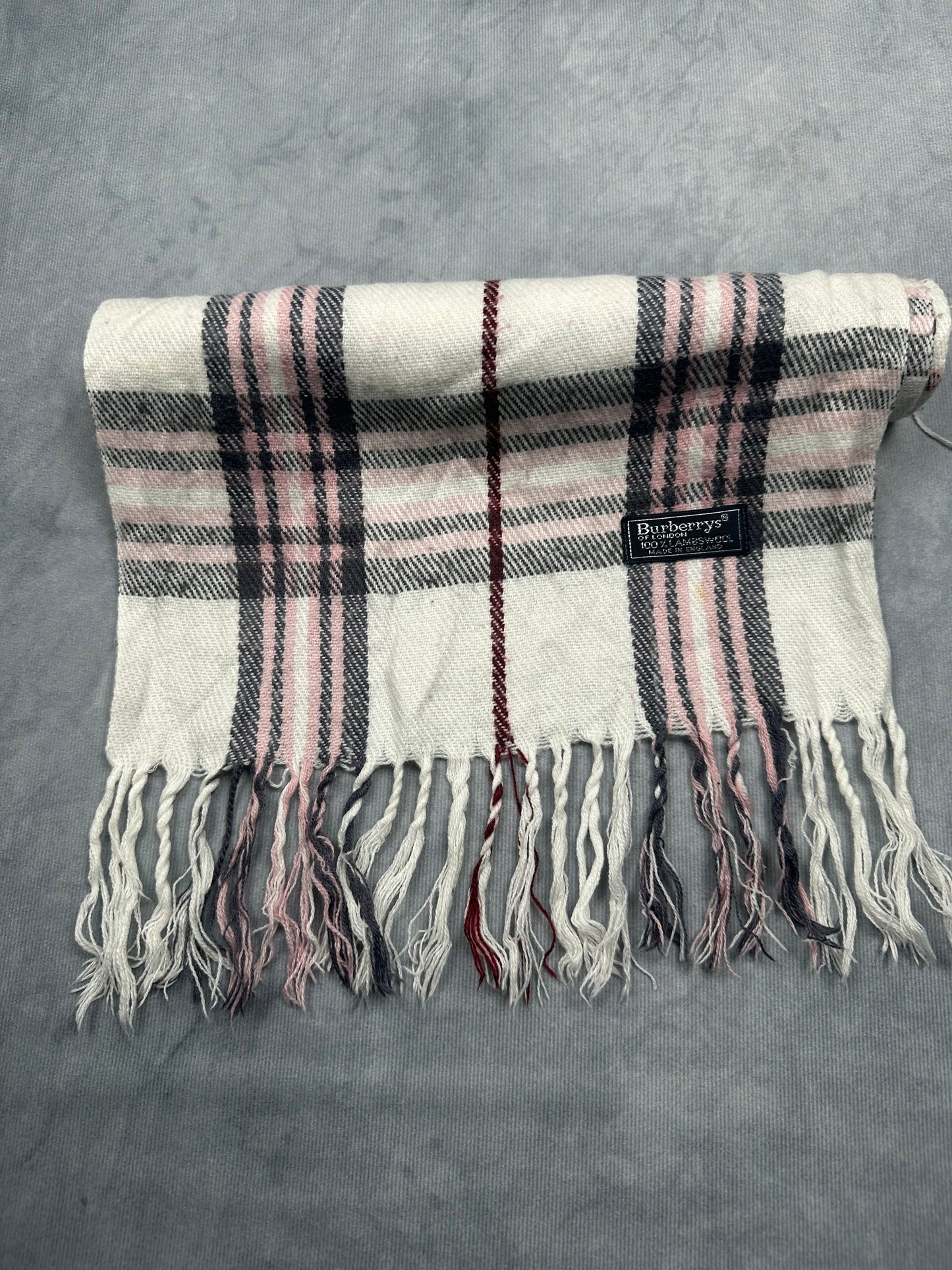 Burberry Vintage Schal | Made in England | Karo-Muster | 100% Lammwolle | Weiß