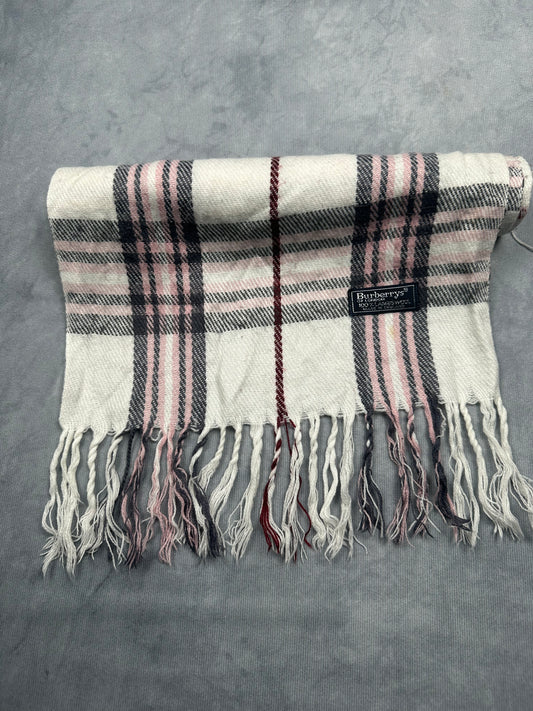 Burberry Vintage Schal | Made in England | Karo-Muster | 100% Lammwolle | Weiß