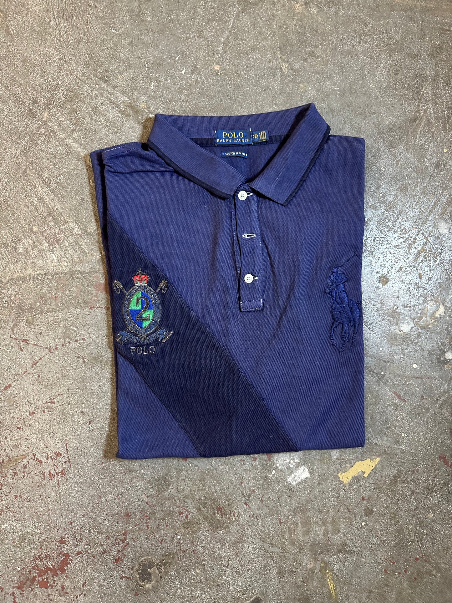 #07 Ralph Lauren Navy Polo with Crest and Diagonal Stripe (XL)
