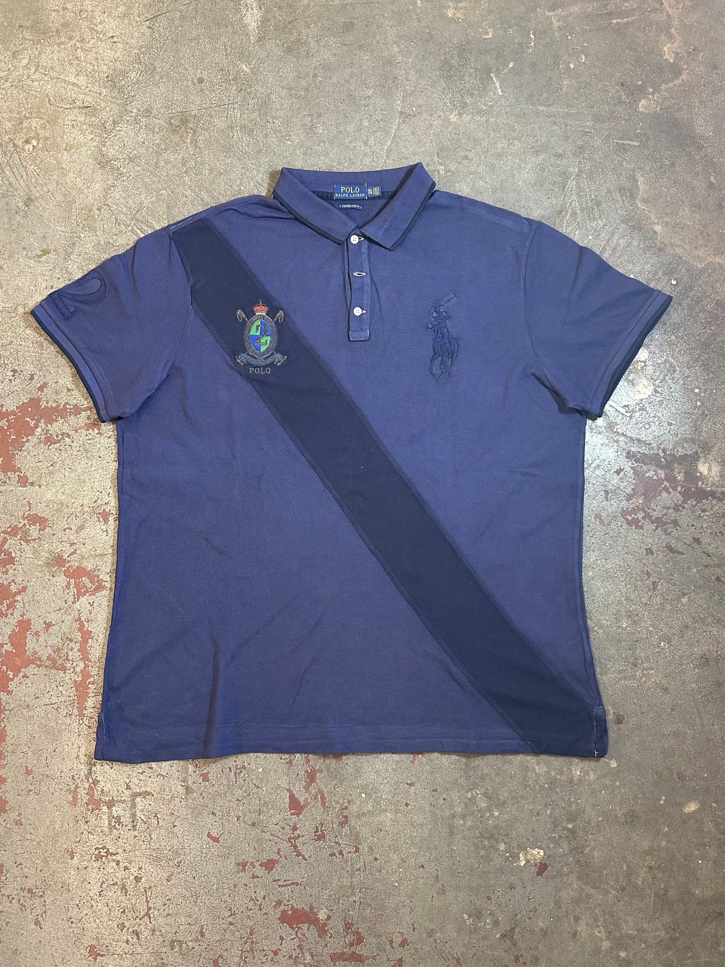 #07 Ralph Lauren Navy Polo with Crest and Diagonal Stripe (XL)